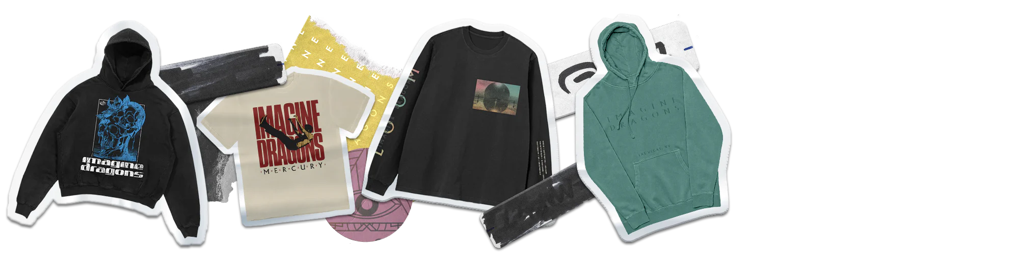 A collection of Imagine Dragons themed apparel including a black hoodie with a blue graphic a beige t shirt with a red and black design a black long sleeve shirt with a small image on the chest and a green hoodie with embossed text The clothing items are arranged in a collage style with torn paper and paintbrush stroke elements in the background