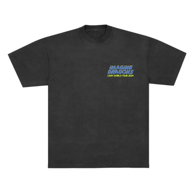 The front of the Imagine Dragons Loom World Tour 2024 T shirt features a minimalist design with the bands name in bold blue and yellow text on the left chest Below it Loom World Tour 2024 is printed in smaller yellow letters adding a subtle yet stylish tour detail to the black tee