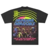 The back of the Imagine Dragons Loom World Tour 2024 T shirt features a vibrant retro horror design with neon colored zombies emerging from a crowd Bold blue and yellow text displays the bands name with tour details and Live at the Hollywood Bowl printed below in striking pink lettering