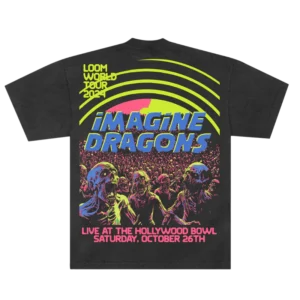 The back of the Imagine Dragons Loom World Tour 2024 T shirt features a vibrant retro horror design with neon colored zombies emerging from a crowd Bold blue and yellow text displays the bands name with tour details and Live at the Hollywood Bowl printed below in striking pink lettering