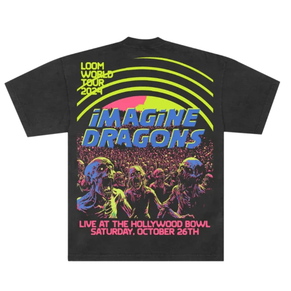 The back of the Imagine Dragons Loom World Tour 2024 T shirt features a vibrant retro horror design with neon colored zombies emerging from a crowd Bold blue and yellow text displays the bands name with tour details and Live at the Hollywood Bowl printed below in striking pink lettering