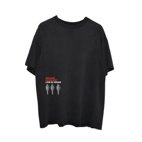 Black Imagine Dragons Live in Vegas T shirt featuring a small front graphic with the bands name event title and three skeletal hand illustrations