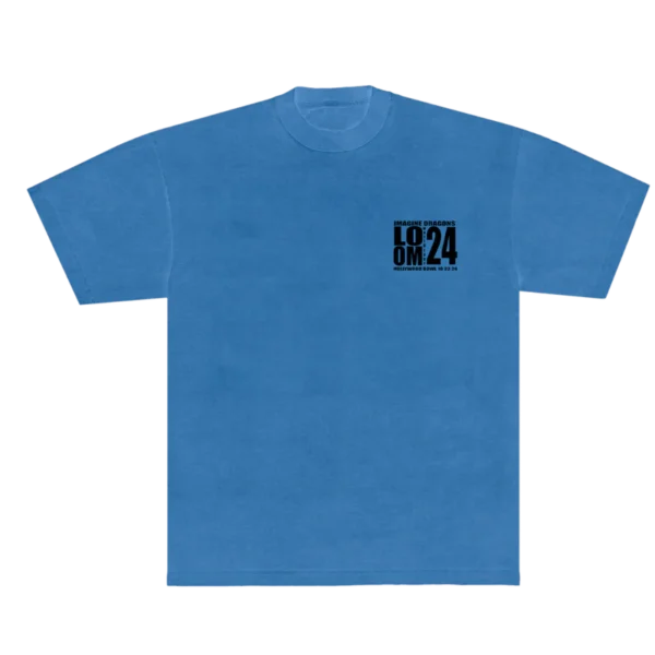 Front of the Imagine Dragons Hollywood Bowl event tee in blue featuring a minimalist black text design on the left chest The print includes LOOM 24 along with event details giving it a sleek and modern look