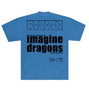 Back of the Imagine Dragons Hollywood Bowl event tee in blue, featuring bold black typography with the band’s name, event date, and venue details. A word search-style text pattern is printed at the top, adding a unique design element.