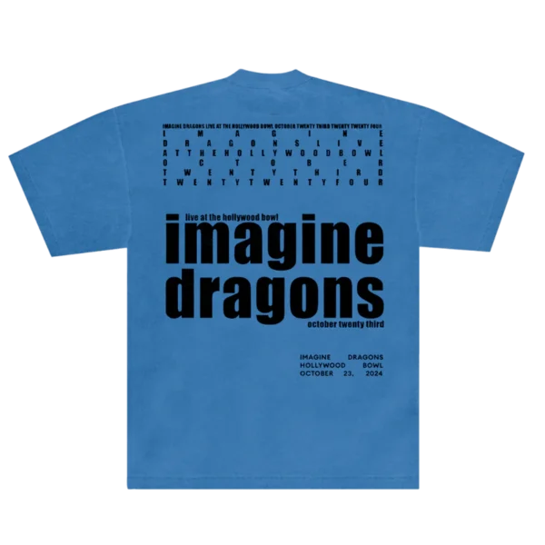 Back of the Imagine Dragons Hollywood Bowl event tee in blue featuring bold black typography with the bands name event date and venue details A word search style text pattern is printed at the top adding a unique design element