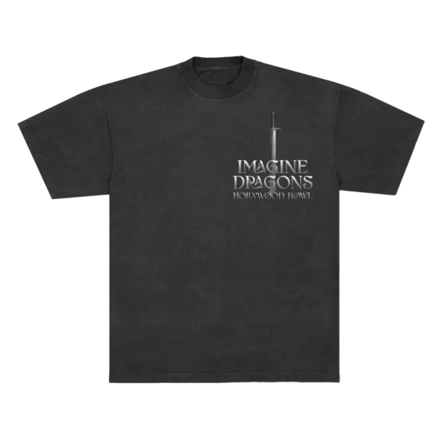 Black Imagine Dragons Hollywood Bowl T shirt featuring a minimalist front design with a silver sword graphic above the bands name in a medieval style font Hollywood Bowl is printed below in a subtle elegant typeface A stylish understated tee for fans of the band