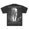 The back of the black Imagine Dragons Hollywood Bowl T shirt features a dramatic grayscale design of a sword standing upright between rocky cliffs illuminated by light from above Imagine Dragons is printed at the top with Hollywood Bowl and event details below celebrating their live performance with the LA Film Orchestra