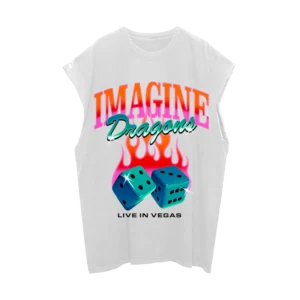 White sleeveless Imagine Dragons "Live in Vegas" T-shirt featuring a bold graphic with flaming dice, vibrant neon text, and a retro aesthetic.