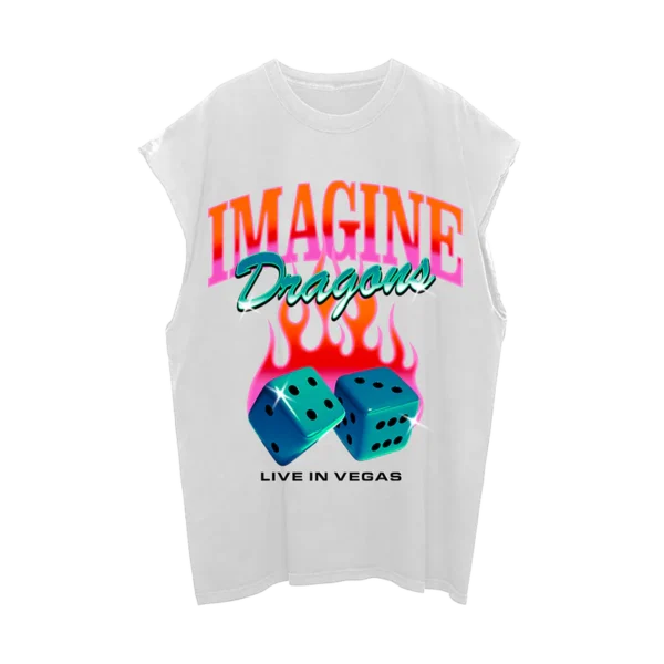 White sleeveless Imagine Dragons Live in Vegas T shirt featuring a bold graphic with flaming dice vibrant neon text and a retro aesthetic