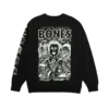 Black Imagine Dragons Bones crewneck sweatshirt featuring a horror themed graphic design The design includes bold text BONES with IMAGINE DRAGONS above it an eerie illustration of a suited man with skeletal hands and ghoulish figures and the phrase OUR PATIENCE IS WANING IS THIS ENTERTAINING at the bottom The left sleeve has multiple circular logos