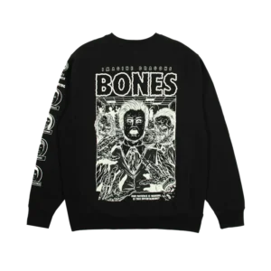 Black Imagine Dragons Bones crewneck sweatshirt featuring a horror themed graphic design The design includes bold text BONES with IMAGINE DRAGONS above it an eerie illustration of a suited man with skeletal hands and ghoulish figures and the phrase OUR PATIENCE IS WANING IS THIS ENTERTAINING at the bottom The left sleeve has multiple circular logos