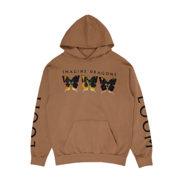 The Butterfly Tan Hoodie is a brown Imagine Dragons hoodie featuring a unique butterfly themed design The front showcases four colorful butterflies with the text IMAGINE DRAGONS above them while the back displays a large striking butterfly graphic The sleeves feature bold black text spelling LOOM This Butterfly Tan Hoodie has a relaxed fit a front pocket ribbed cuffs and a hood making it both stylish and comfortable for fans of the band Let me know if you need more details