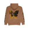 The Butterfly Tan Hoodie is a brown Imagine Dragons hoodie featuring a large detailed butterfly graphic on the back in black yellow and green tones The sleeves have bold black text spelling LOOM This Butterfly Tan Hoodie has a relaxed fit ribbed cuffs and a hem for a comfortable and stylish look