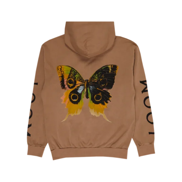 The Butterfly Tan Hoodie is a brown Imagine Dragons hoodie featuring a large detailed butterfly graphic on the back in black yellow and green tones The sleeves have bold black text spelling LOOM This Butterfly Tan Hoodie has a relaxed fit ribbed cuffs and a hem for a comfortable and stylish look