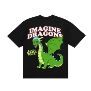 A black T shirt featuring a large colorful graphic on the back The design showcases a friendly green cartoon dragon with blue hair and wings spread wide Above the dragon IMAGINE DRAGONS is written in bold stylized text while LOOM WORLD TOUR appears in a smaller yellow font on the side The T shirt has a classic crewneck and short sleeves making it a stylish and comfortable choice for fans