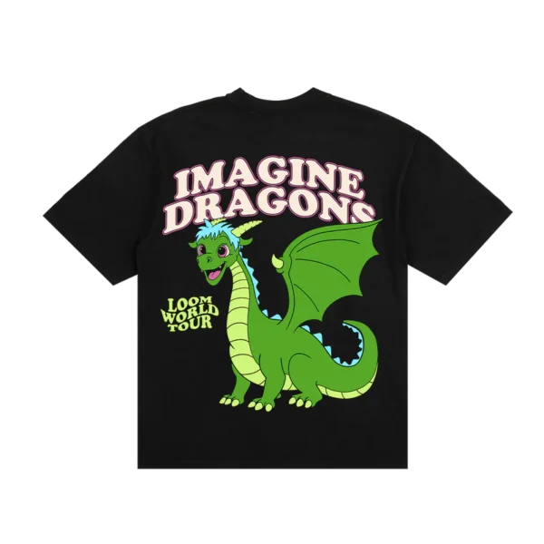 A black T shirt featuring a large colorful graphic on the back The design showcases a friendly green cartoon dragon with blue hair and wings spread wide Above the dragon IMAGINE DRAGONS is written in bold stylized text while LOOM WORLD TOUR appears in a smaller yellow font on the side The T shirt has a classic crewneck and short sleeves making it a stylish and comfortable choice for fans