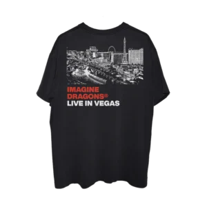 Black Imagine Dragons "Live in Vegas" T-shirt featuring a detailed back print of the Las Vegas skyline in white, with the band's name and event title in bold red and white lettering.