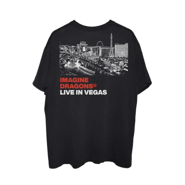 Black Imagine Dragons Live in Vegas T shirt featuring a detailed back print of the Las Vegas skyline in white with the bands name and event title in bold red and white lettering