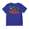 A royal blue Imagine Dragons T shirt featuring a bold graphic on the back with the words Live N Vegas in green and red accompanied by three yellow stars The design has a vibrant playful look making it a standout merch piece for fans