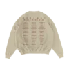 Back of a beige Imagine Dragons crewneck sweatshirt featuring Mercury World Tour 2022 text with a list of tour locations in red