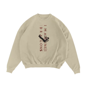 Beige Imagine Dragons crewneck sweatshirt featuring a vertical Imagine Dragons text design with a falling man graphic in black