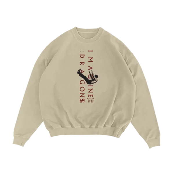 Beige Imagine Dragons crewneck sweatshirt featuring a vertical Imagine Dragons text design with a falling man graphic in black