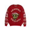 Red holiday sweater featuring a green dragon wearing a Santa hat with Imagine Dragons text Snowflakes and festive patterns decorate the sleeves