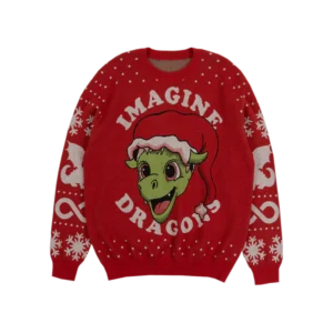 Red holiday sweater featuring a green dragon wearing a Santa hat with Imagine Dragons text Snowflakes and festive patterns decorate the sleeves