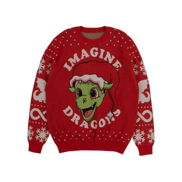 Red holiday sweater featuring a green dragon wearing a Santa hat with Imagine Dragons text Snowflakes and festive patterns decorate the sleeves