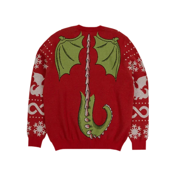 Back of a red holiday sweater featuring green dragon wings a spiked tail and a spine design Snowflakes and festive patterns on the sleeves