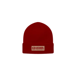 Red Imagine Dragons Mercury Tour beanie with a folded cuff and a beige patch featuring the band's name in bold uppercase letters.