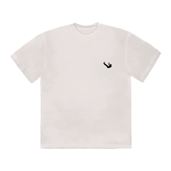 White Imagine Dragons T shirt featuring a small black silhouette of a falling figure on the upper left chest area