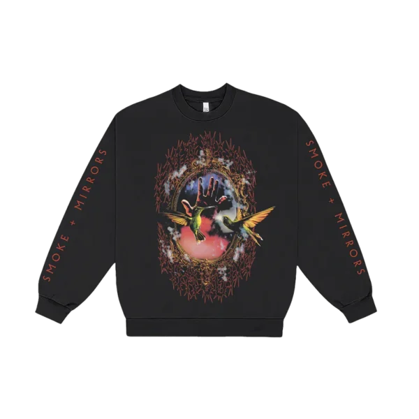 Smoke + Mirrors Crewneck Black with Hummingbird and Mirrors Design Smoke + Mirrors on Sleeves