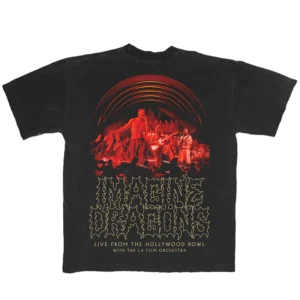 Black Imagine Dragons Live from the Hollywood Bowl event tee featuring a vibrant red concert scene with band members performing on stage framed by neon style arcs Gothic style text displays Imagine Dragons with additional event details below