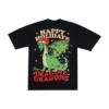 A black T shirt featuring a large colorful holiday themed graphic on the back The design showcases a cheerful green dragon wearing a red Santa hat wrapped in multicolored Christmas lights Above the dragon the text HAPPY HOLIDAYS is written in bold festive font while below it From IMAGINE DRAGONS appears in red Small snowflakes are scattered around the design adding to the holiday theme