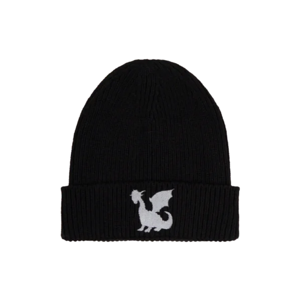 Black knit beanie featuring a white embroidered dragon silhouette on the front cuff Cozy and stylish perfect for keeping warm while showcasing your Imagine Dragons fandom