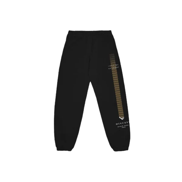 Black Imagine Dragons Mercury World Tour 2022 sweatpants featuring a sleek gold zigzag stripe down the right leg The design includes IMAGINE DRAGONS text on the thigh and MERCURY WORLD TOUR 2022 near the ankle With an elastic waistband and cuffs these sweatpants offer a stylish and comfortable fit