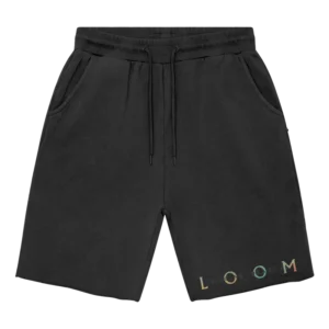 Black Imagine Dragons LOOM shorts featuring a minimalist design The shorts have an elastic waistband with adjustable drawstrings and side pockets The lower right leg displays LOOM in a subtle multicolor gradient with IMAGINE DRAGONS faintly beneath it adding a stylish touch