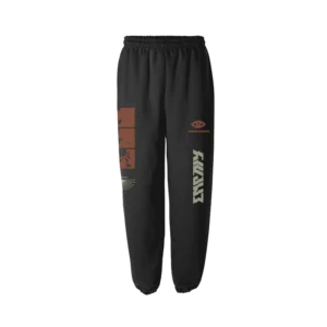 Black sweatpants featuring a unique graphic design with abstract patterns an eye symbol and bold typography Elastic waistband and cuffs