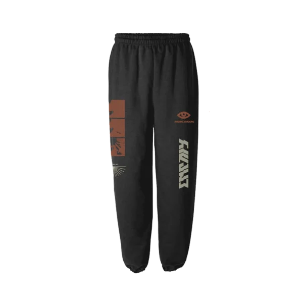 Black sweatpants featuring a unique graphic design with abstract patterns an eye symbol and bold typography Elastic waistband and cuffs