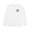 White long sleeve Imagine Dragons Origins shirt featuring a graphic of a person standing on a stylized plant with a pink circular backdrop The bands name Imagine Dragons is displayed in bold blue text below the design with Origins written underneath in a smaller font The sleeves feature repeating pink Imagine Dragons text along their length