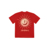 Back of a red Imagine Dragons T shirt featuring a Mercury World Tour 2022 design The graphic includes a crescent moon a silhouetted figure and tour locations arranged in a circular pattern