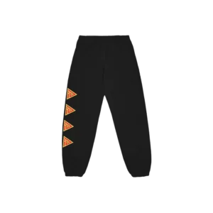 Black sweatpants featuring a series of red and yellow geometric triangle graphics along the side of one leg