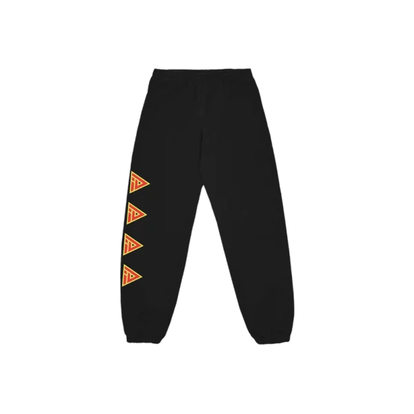 Black sweatpants featuring a series of red and yellow geometric triangle graphics along the side of one leg