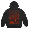 A black Imagine Dragons Mercury World Tour hoodie featuring a bold red graphic on the back The design includes multiple stacked IMAGINE DRAGONS text with a glitch effect MERCURY in stylized lettering and LAS VEGAS NV SEPT 10 below A small world tour logo and a silhouette of a performer add extra detail