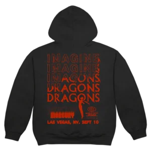 A black Imagine Dragons Mercury World Tour hoodie featuring a bold red graphic on the back The design includes multiple stacked IMAGINE DRAGONS text with a glitch effect MERCURY in stylized lettering and LAS VEGAS NV SEPT 10 below A small world tour logo and a silhouette of a performer add extra detail