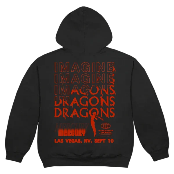 A black Imagine Dragons Mercury World Tour hoodie featuring a bold red graphic on the back The design includes multiple stacked IMAGINE DRAGONS text with a glitch effect MERCURY in stylized lettering and LAS VEGAS NV SEPT 10 below A small world tour logo and a silhouette of a performer add extra detail