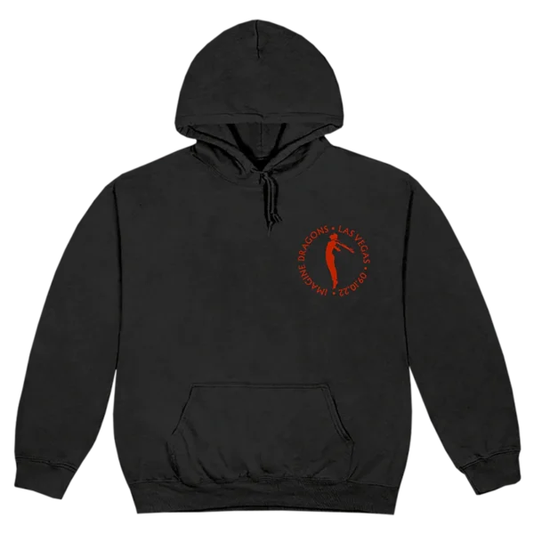 A black Imagine Dragons Mercury World Tour hoodie featuring a minimalist front design The left chest area has a circular red graphic with IMAGINE DRAGONS LAS VEGAS 091022 surrounding a silhouette of a performer The hoodie includes a drawstring hood ribbed cuffs and a front kangaroo pocket